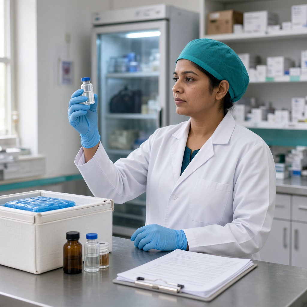 Pharmacist in a hospital pharmacy inspecting an oncology vial beside cold-chain packs, batch documents, and a medical refrigerator