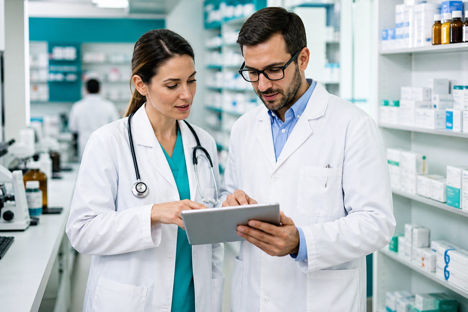 Healthcare professionals reviewing medical research