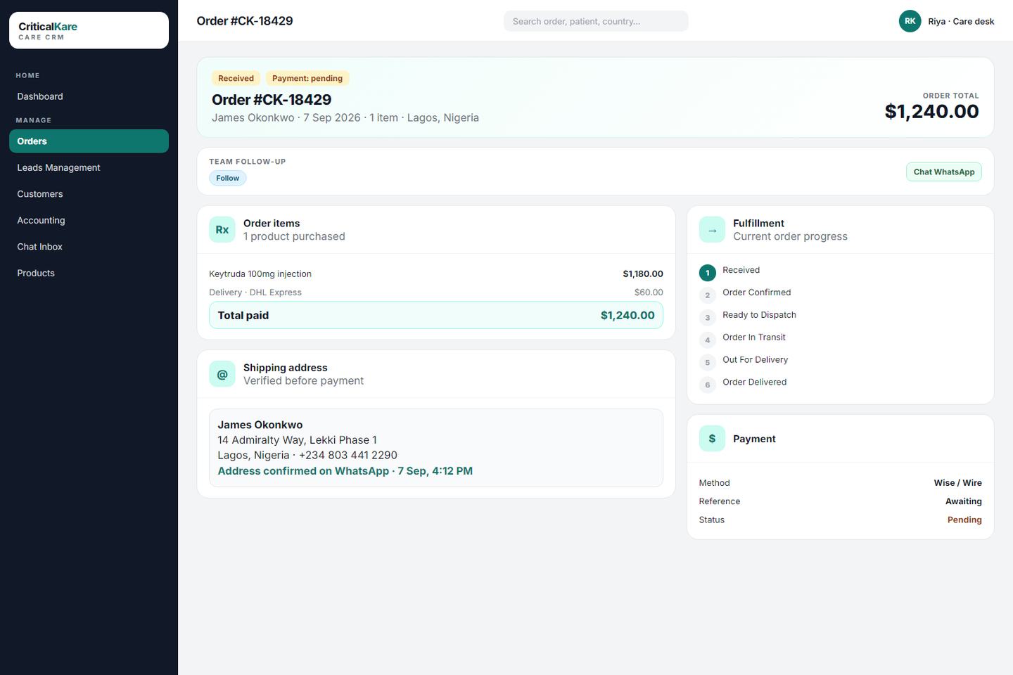 Critical Kare Care CRM order with Team follow and Chat WhatsApp