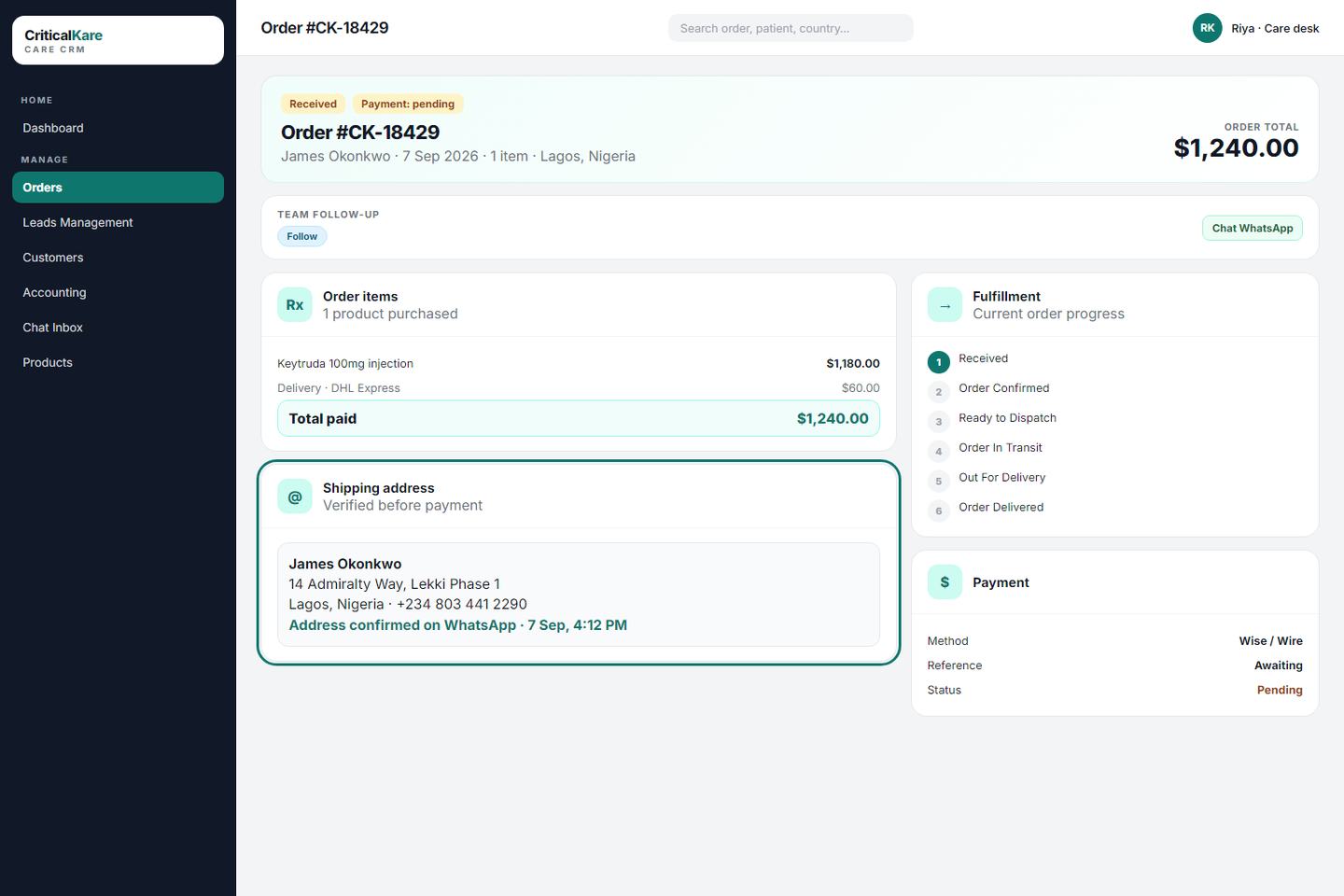 Critical Kare Care CRM shipping address confirmed on WhatsApp