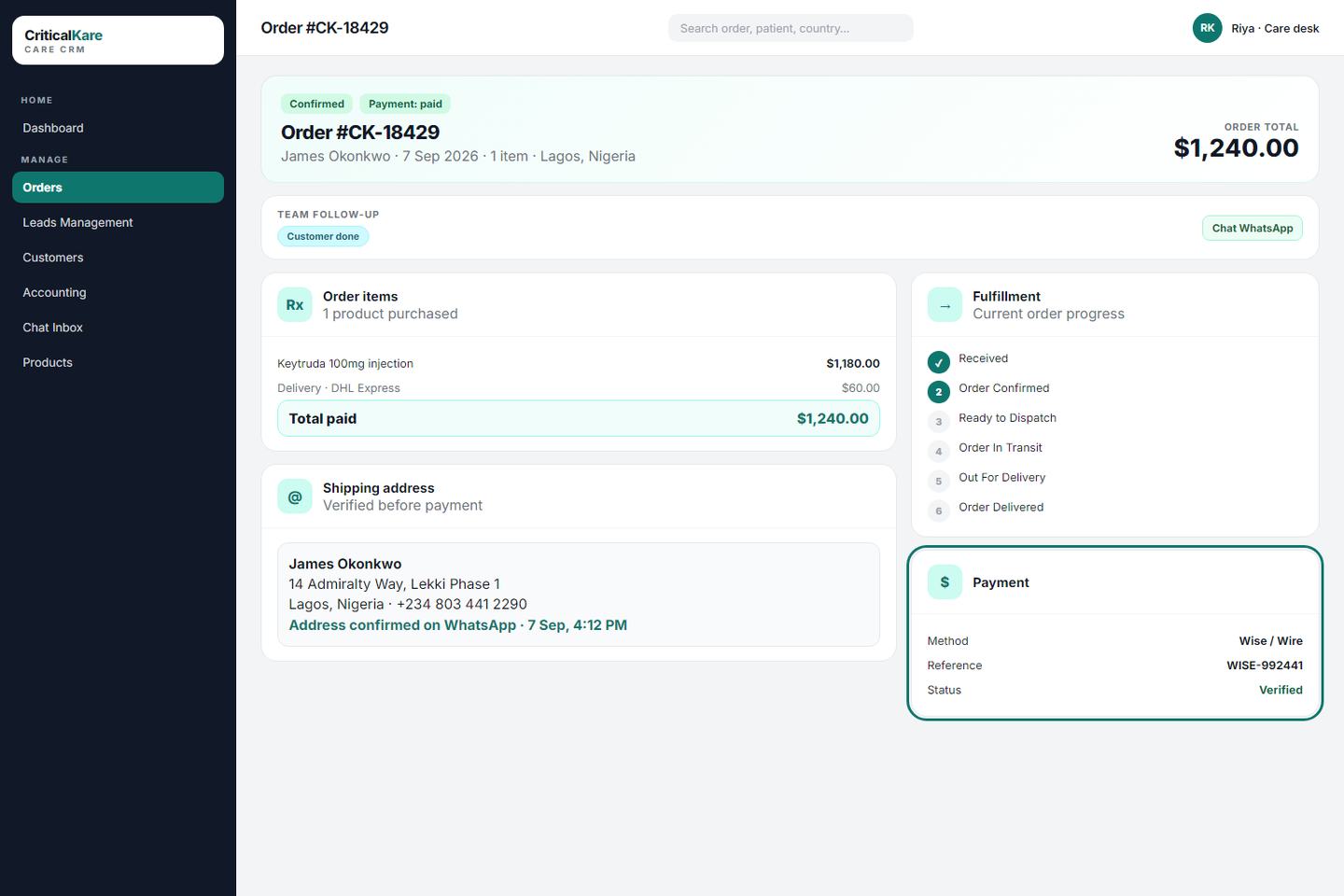 Critical Kare Care CRM payment status Verified