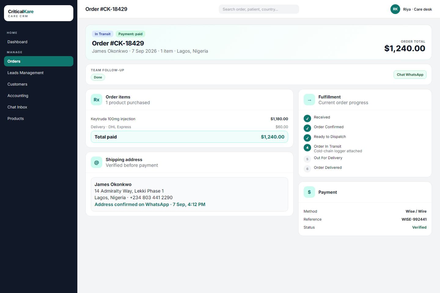 Critical Kare Care CRM order file during pharmacist support