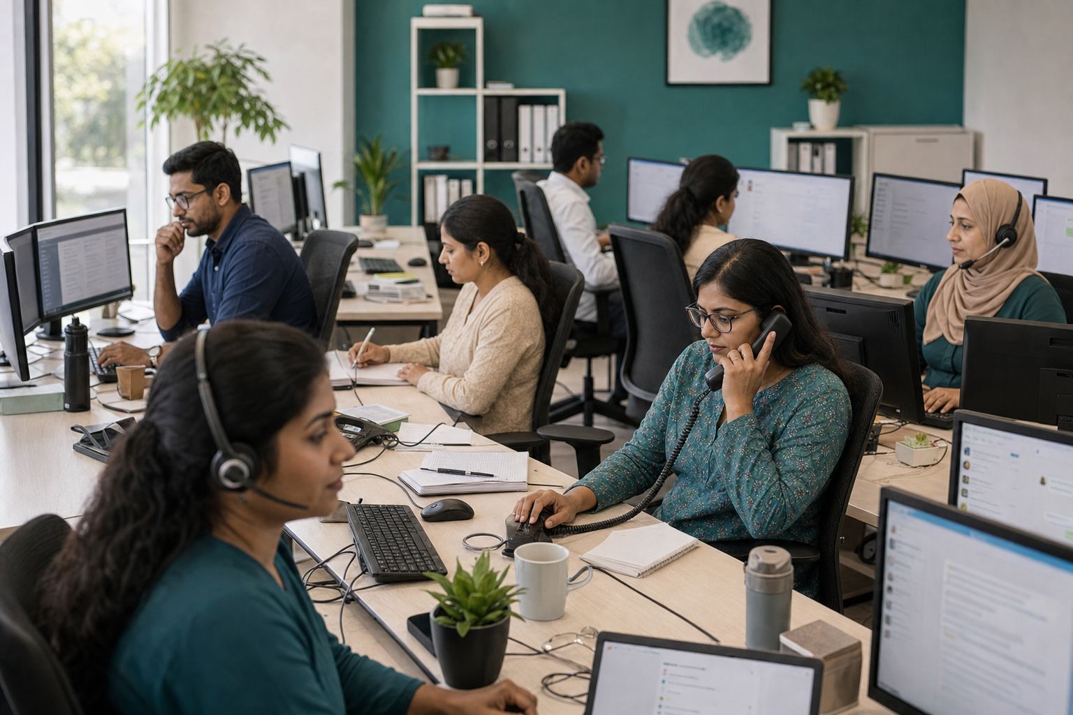 Patient-care office with coordinators on headsets and dual monitors