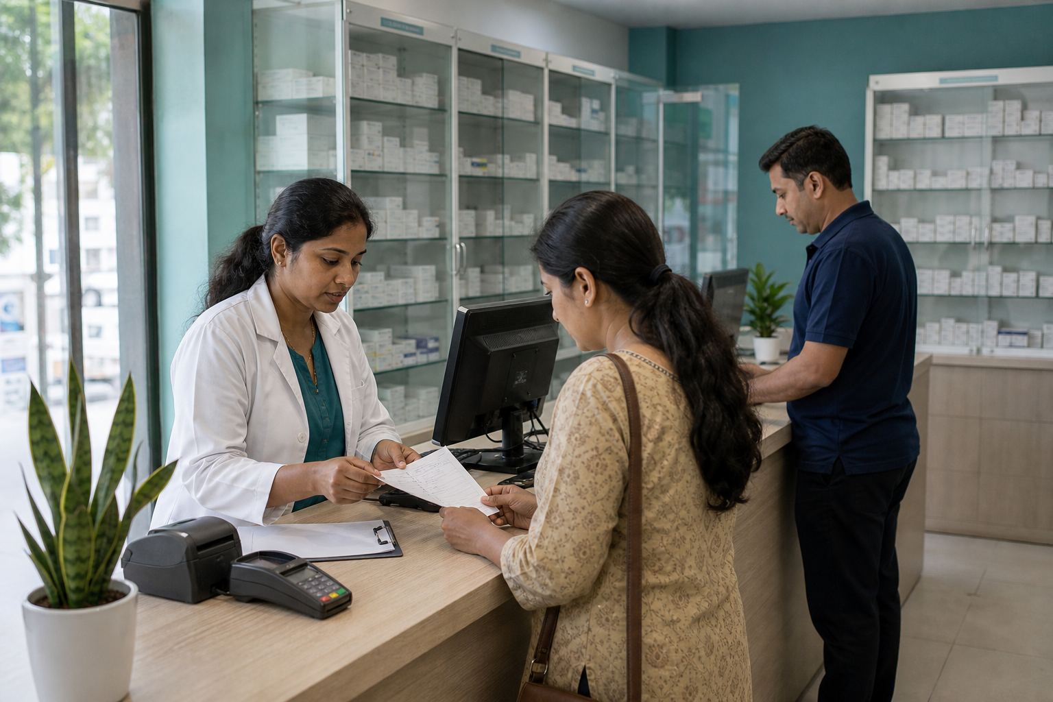 Pharmacist at the Critical Kare specialty pharmacy counter reviewing a prescription