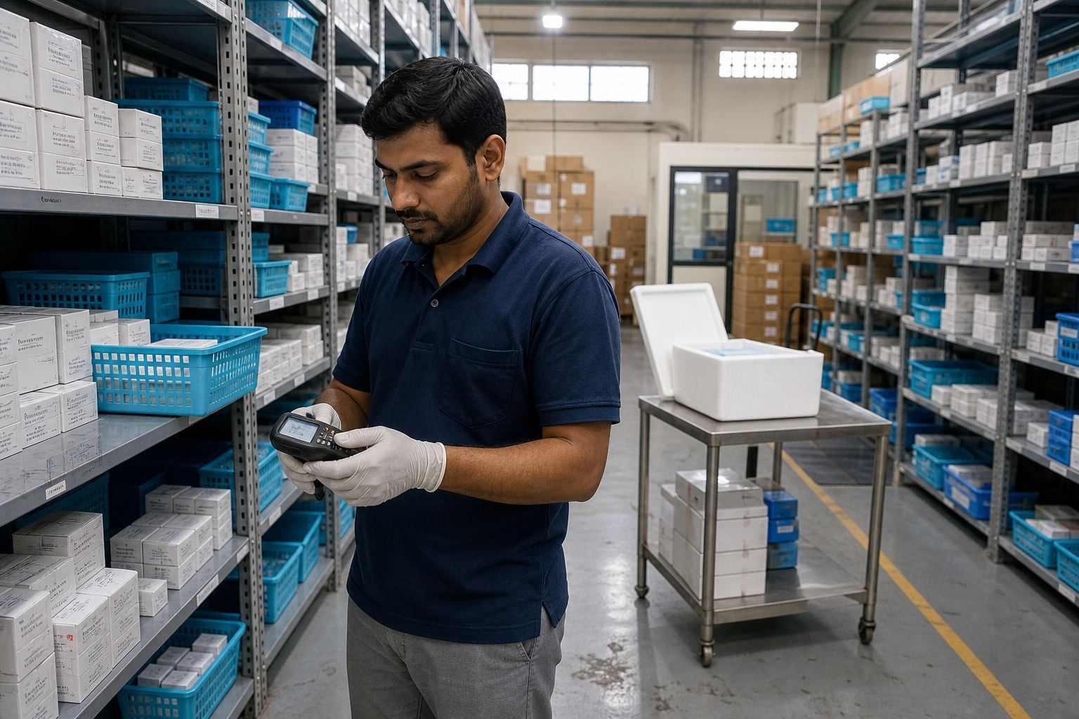 Pharmaceutical warehouse aisle with racking, blue bins, and a staff member scanning stock