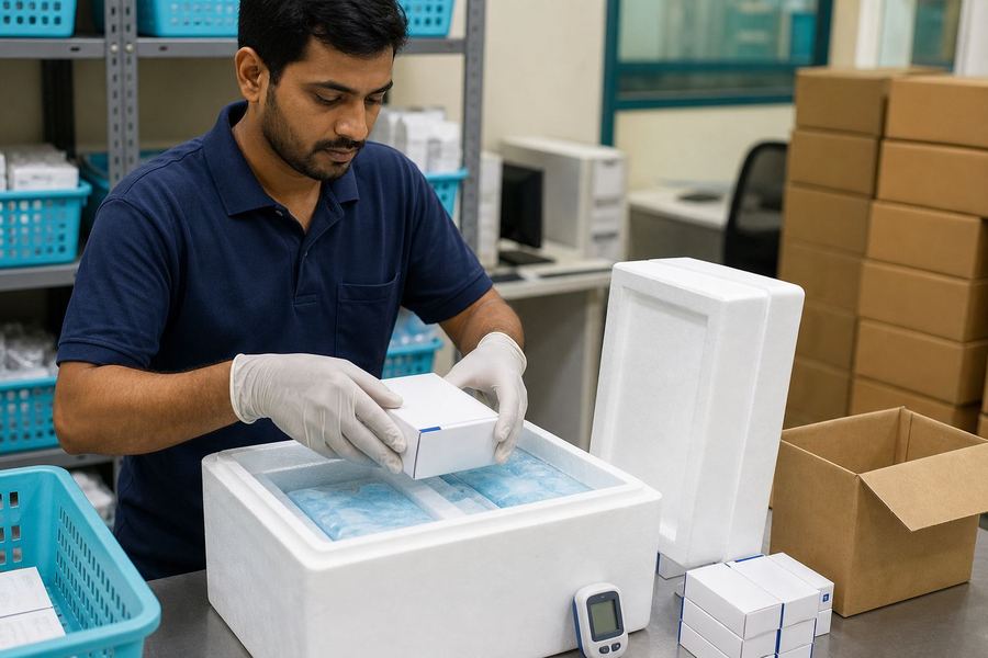 Pharmacy staff packing a cold-chain medicine shipment